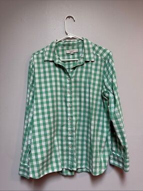 LOFT Green and White Gingham Button-Down Shirt